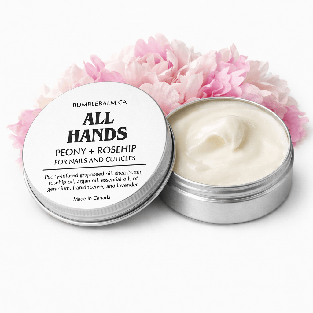 ALL HANDS peony and rosehip cream tin with peony flowers