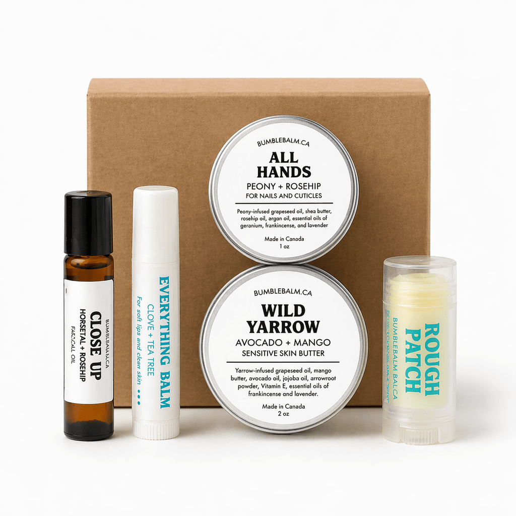 BumbleBalm skincare gift set insert showing five natural skincare products