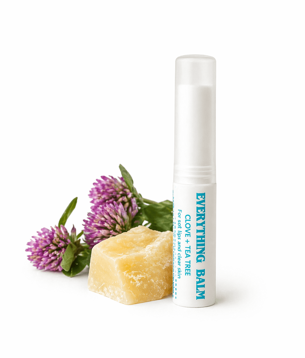 Everything Balm white tube with red clover flowers by BumbleBalm