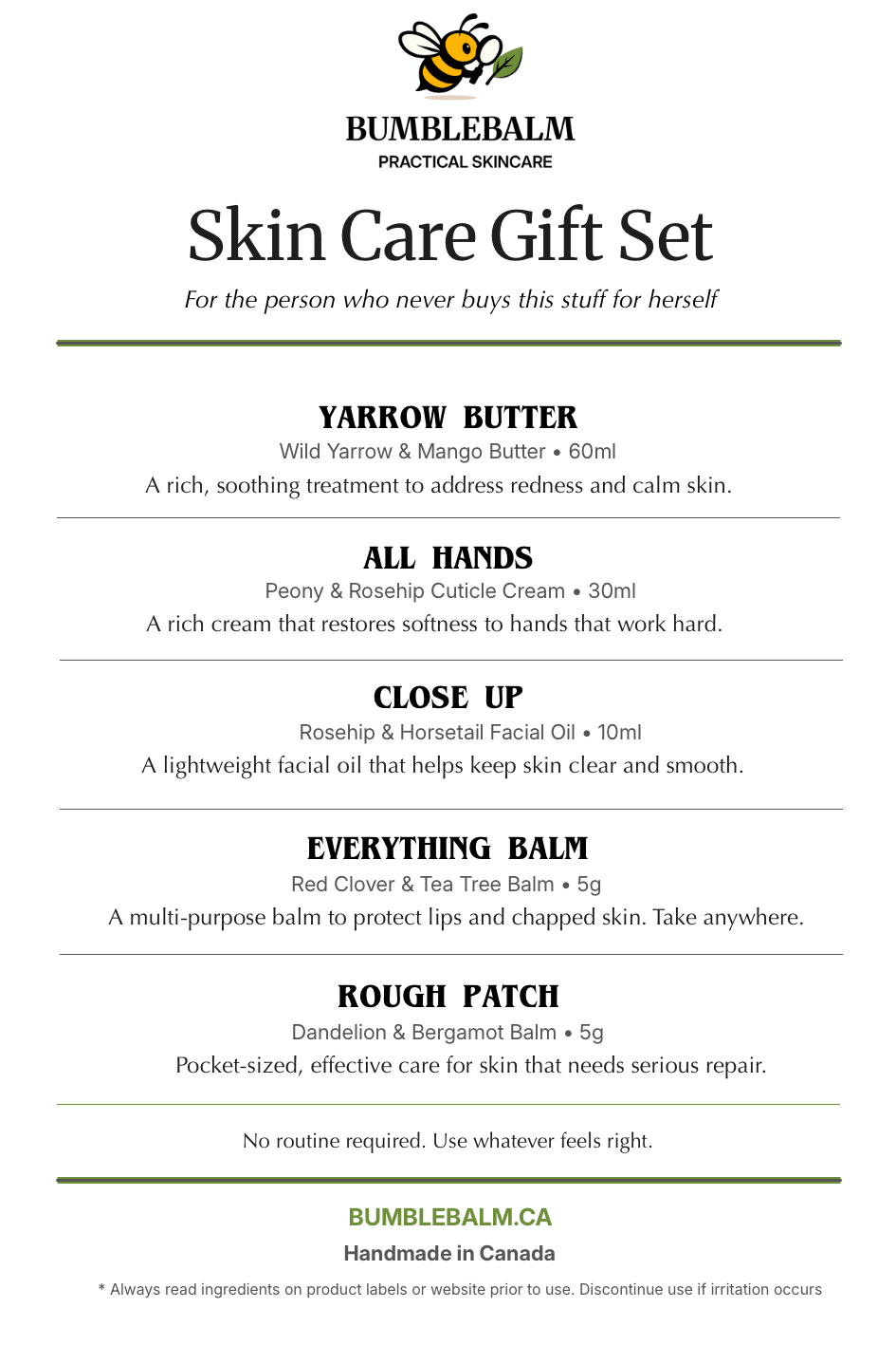 Five-piece BumbleBalm gift set with facial oil, yarrow butter, hand cream, lip balm, and dandelion balm