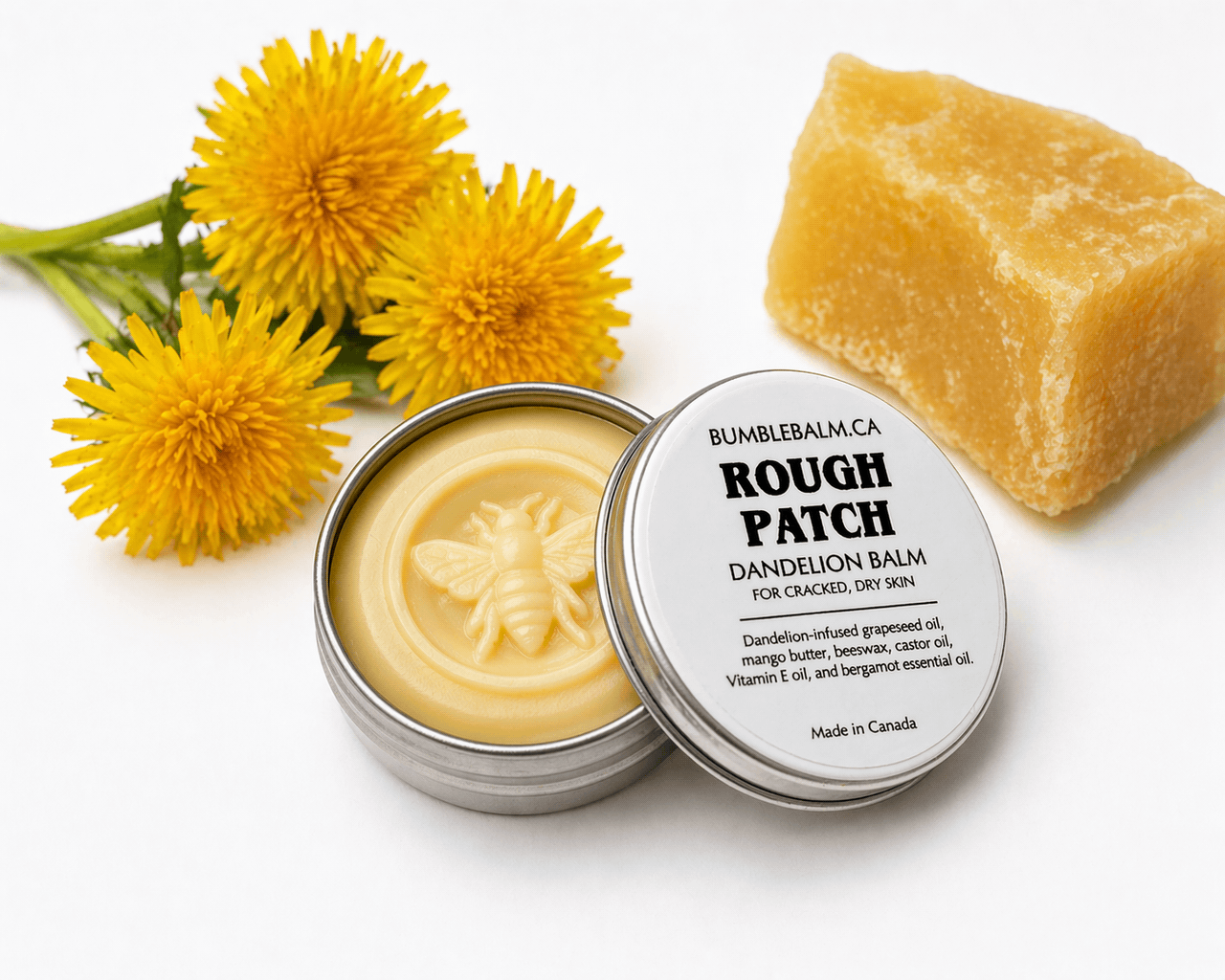 ROUGH PATCH solid dandelion balm puck with silver tin and dandelions