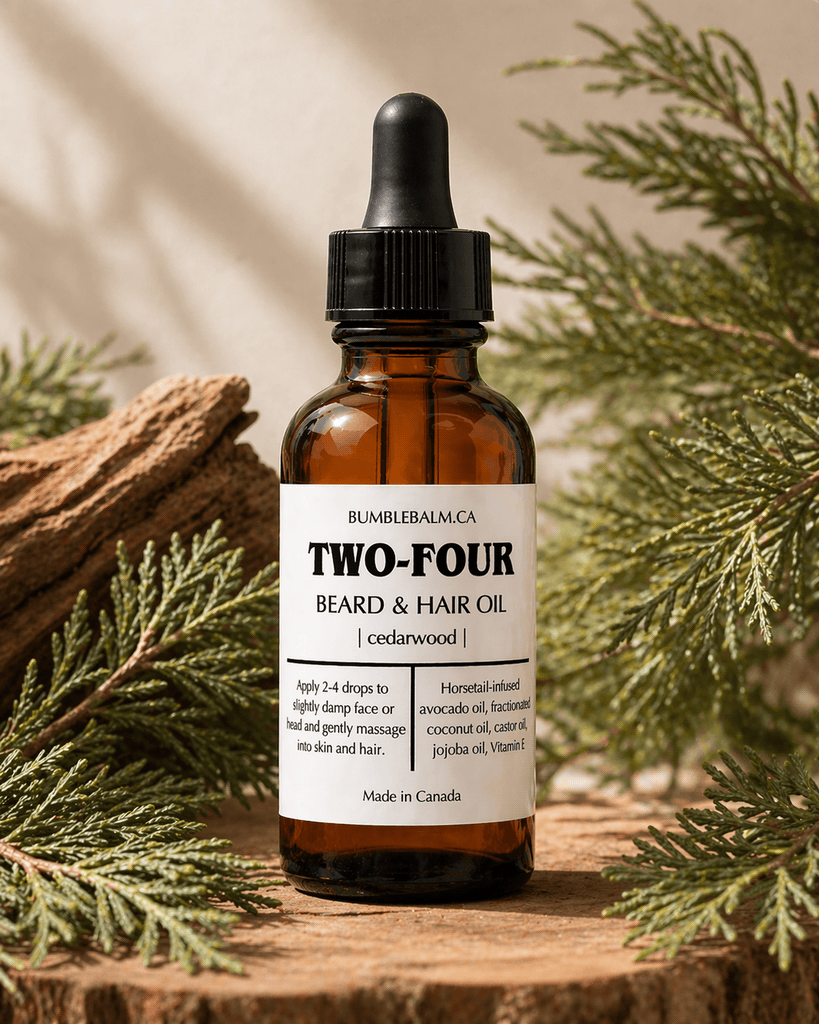 TWO-FOUR cedarwood beard oil bottle with cedar leaves