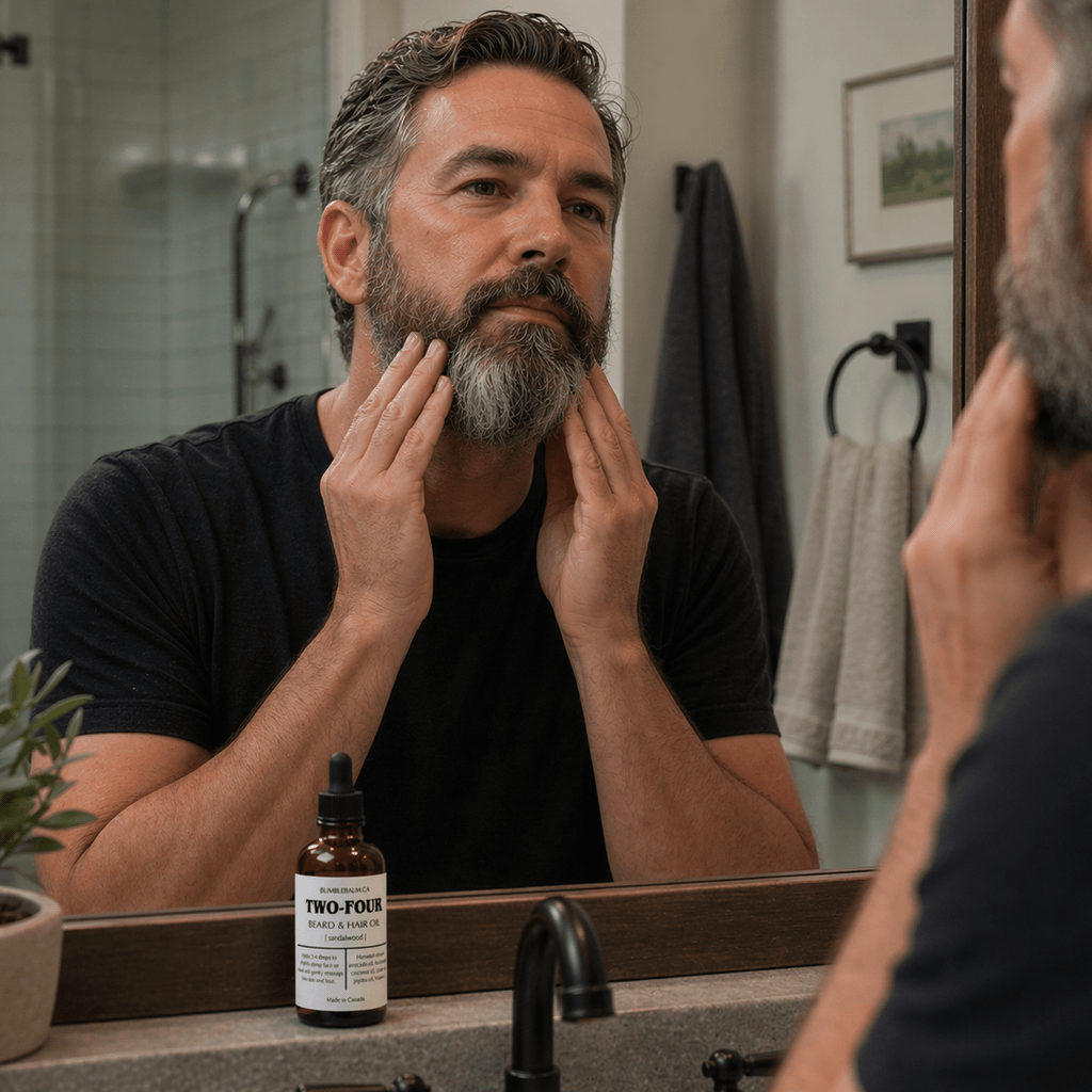 Man applying TWO-FOUR beard oil to beard in bathroom mirror
