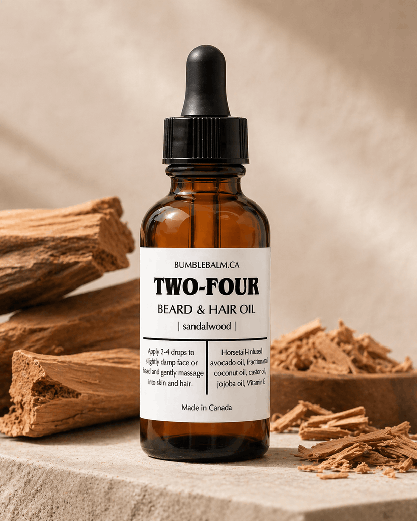 TWO-FOUR sandalwood beard oil bottle with sandalwood chips