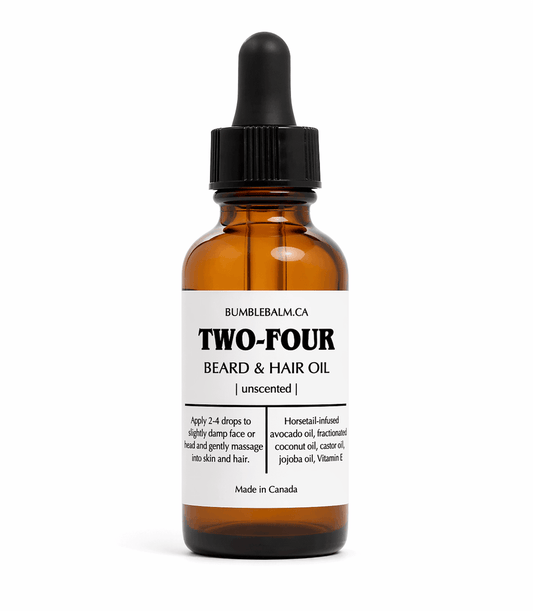 TWO-FOUR unscented horsetail and jojoba beard oil bottle by BumbleBalm