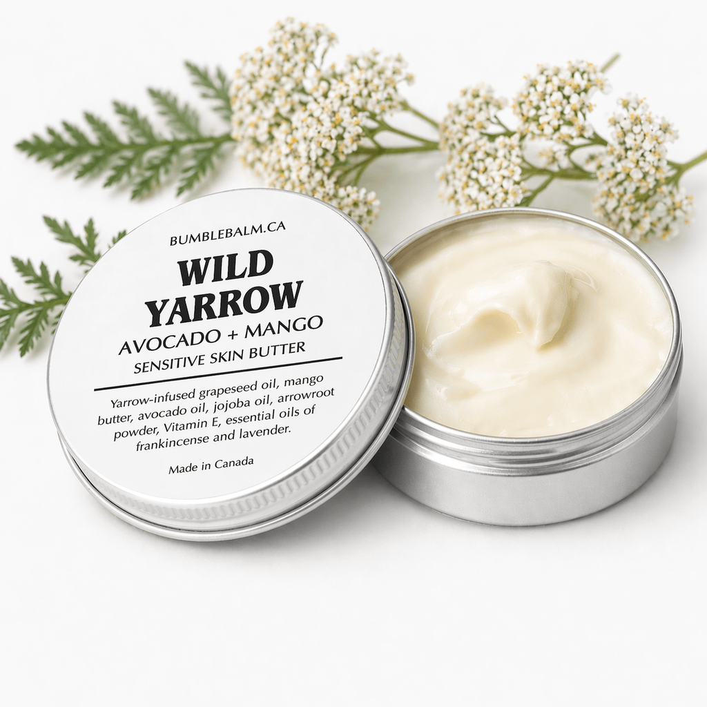 YARROW BUTTER open tin with wild yarrow flowers by BumbleBalm